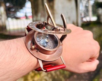 Personalized Brass Sundial Compass Watch – Engraved Wrist Compass – Nautical Vintage Timepiece.