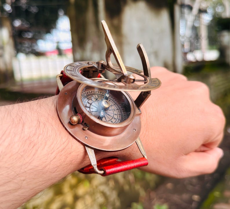 Personalized Brass Sundial Compass Watch – Engraved Wrist Compass – Nautical Vintage Timepiece.