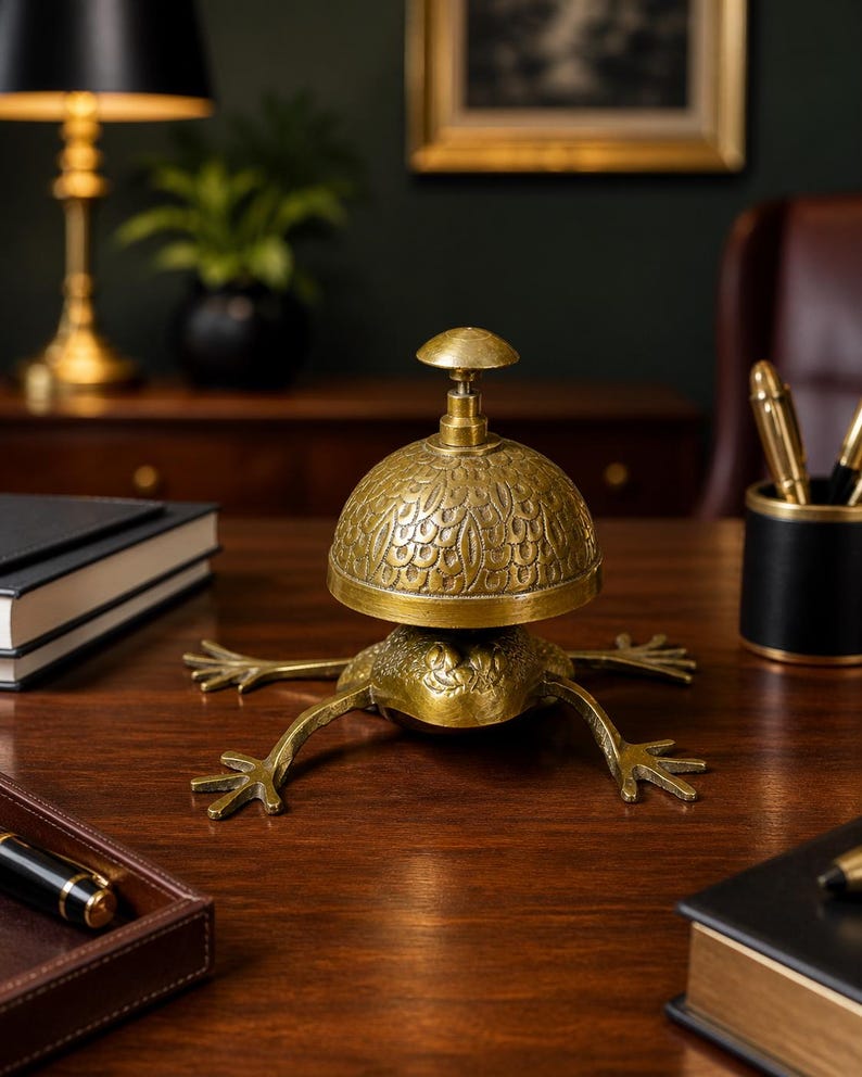 Brass Frog Desk Bell Handmade | Decorative Reception Ring Bell for Home Office | Gift for Boss, Senior & Corporate