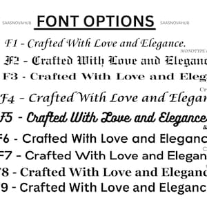 May include: A white background displays the text "FONT OPTIONS" and "Crafted With Love and Elegance" in various fonts. Each font is labeled with an "F" number and font name, including Monotype Corsiva, Old English, Craw Modern, Lucida, Bukhari Script, Century Gothic, Gabriel Sans, Georgia, and Canva Sans.