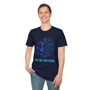 Neon Cyberpunk AI Unisex Softstyle T-Shirt, Futuristic Tech Wizard Tee, ChatGPT Dream Shirt, Synthwave AI Robot Gift, Powered by Questions