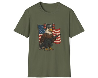 Eagle Beer Helmet T-Shirt, Patriotic USA Tee, American Flag Shirt, Funny Bald Eagle Top, Unisex Graphic Tee