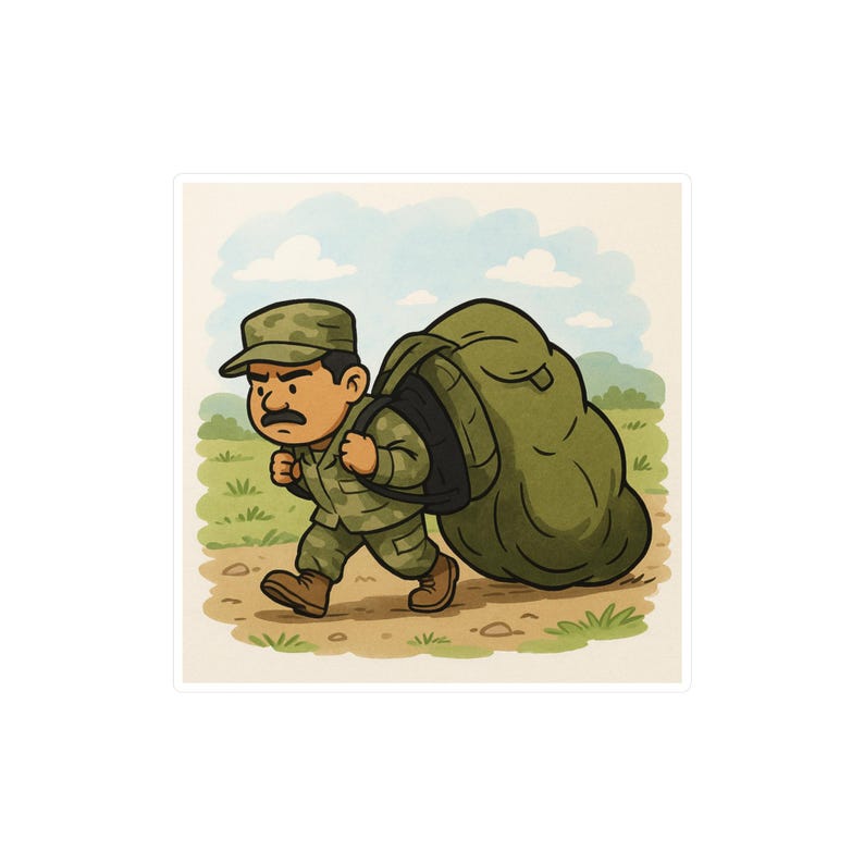 Cartoon Rucking Sticker Vinyl Decal Sticker - Army Soldier With Oversized Ruck, Cartoon Style ...