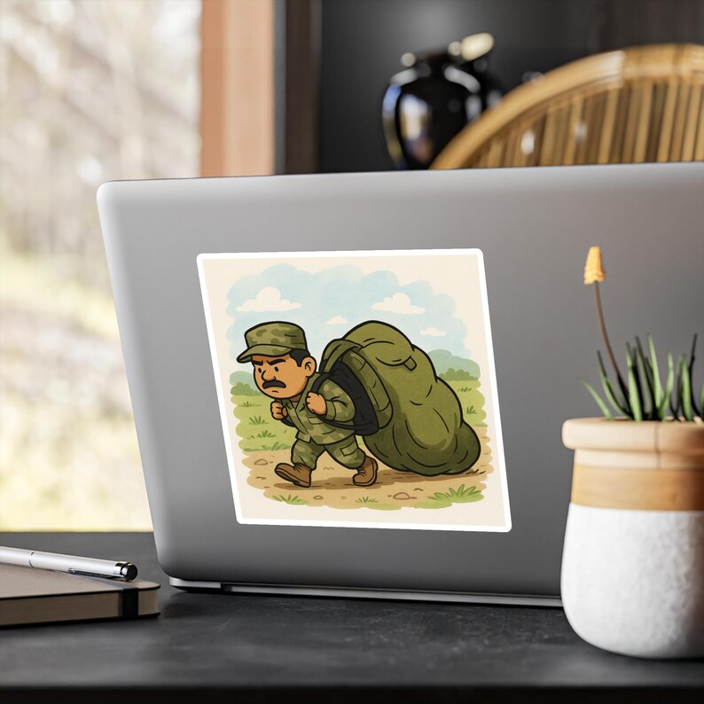 Army Rucking Sticker Vinyl Decal Sticker - Army Soldier With Oversized Ruck, Cartoon Style ...