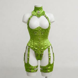 May include: A lime green satin corset bodysuit featuring a high neck collar with a silver O-ring, a front button closure, and integrated garter straps with adjustable buckles and silver hardware, displayed on a white mannequin torso.