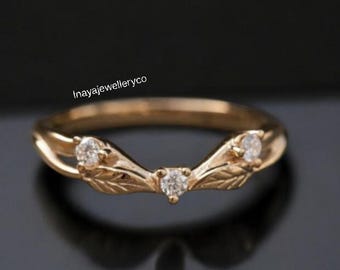 Aliança de casamento em filigrana de moissanita, ouro rosa, diamante, curva, estilo art déco com folhas, alianças combinando, aliança vintage de compromisso para mulheres.