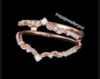 Aliança de casamento em filigrana de moissanita, ouro rosa, diamante, curva, estilo art déco com folhas, alianças combinando, aliança vintage de compromisso para mulheres.
