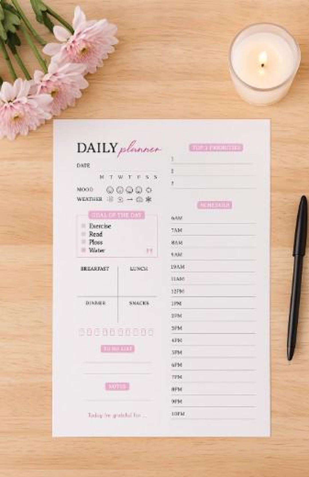 Daily Planner Printable PDF | Minimalist Pink Digital Planner ...