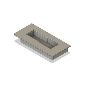 May include: A rectangular, light gray recessed pull with a rectangular opening. The pull has a raised border and a shadow cast on a white background. The design is simple and modern.