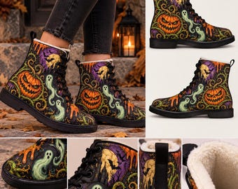 Halloween Combat Boots for Man, Spooky Pumpkin Ghost Boots, Gothic Haunted Castle Shoes, Creepy Cute Fall Ankle Boots,