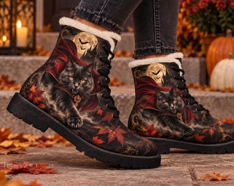 Vampire Cat Gothic Boots, Fleece Lined Microfiber Shoes, Spooky Halloween Gift