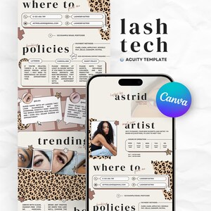 Puede incluir: Plantilla de marketing digital para técnicos de pestañas, presentada en una maqueta de teléfono y un folleto impreso. El diseño incluye estampados de leopardo, información de contacto, políticas de reserva y estilos de pestañas de tendencia. El logotipo de Canva es visible.