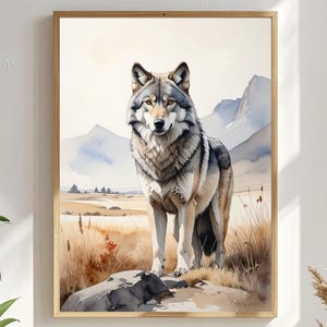 Gray Wolf Minimalist Wall Art – Modern Wildlife Watercolor Print, Neutral Museum Style Animal Poster