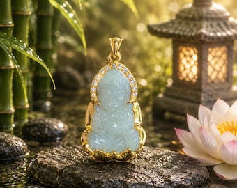 Amitabha Buddha White and Blue Jade Pendant for Necklace, Protective Amulet, Lucky Charm Peace and Safety, Meditation, Mother’s Day Gift