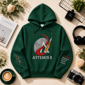 Puede incluir: Sudadera con capucha verde oscuro con el logotipo de la misión Artemis II, que presenta un diseño de luna y cohete. La sudadera tiene una capucha con cordón y un pequeño gráfico en la manga izquierda. El texto "ARTEMIS II" está impreso debajo.