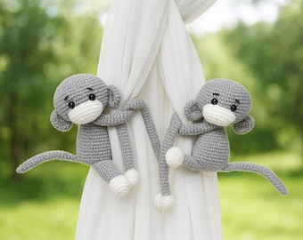 Crochet Monkey Curtain Holdbacks Set of 2 Amigurumi Tiebacks for Nursery