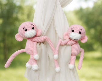 Crochet Monkey Curtain Tiebacks – Handmade Nursery Decor, Set of 2