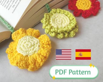 Crochet Flower Bookmark Pattern | Daisy Floral Page Marker (PDF English, Spanish)
