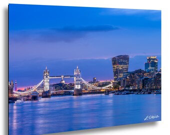 London Tower Bridge Blue Hour Photo, Thames River Skyline Print, Shard and Gherkin London Cityscape, UK Evening Wall Art