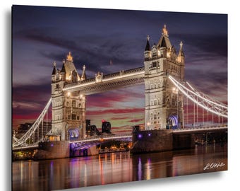 Tower Bridge London zonsopgang foto, Londen landmark print, Thames River Bridge kunst aan de muur, UK stadsgezicht fotografie, London Morning Image