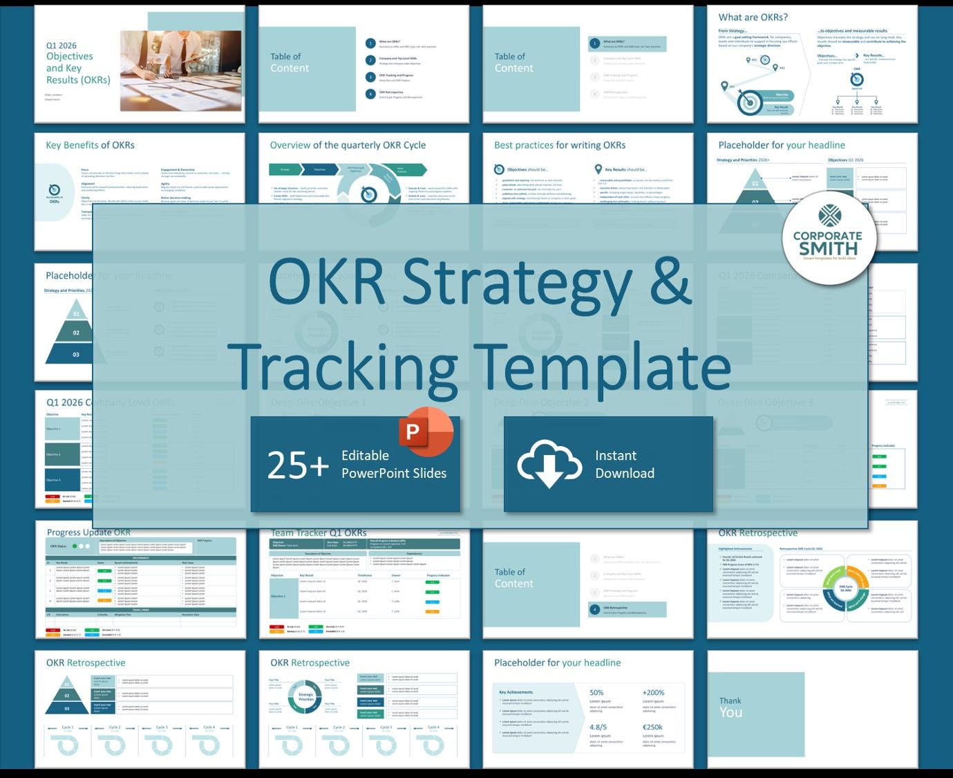 OKR Strategy Powerpoint Template | Team Goal Tracking (30-slide Deck ...