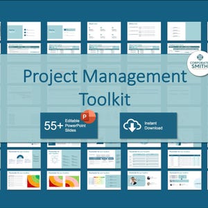 May include: A digital project management toolkit with over 55 editable PowerPoint slides. The title "Project Management Toolkit" is displayed in large, teal letters. The image includes a logo and the words "Instant Download".