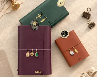 Personalized Trifold A5 Leather Journal, Custom Refillable Notebook with Charms & Clip