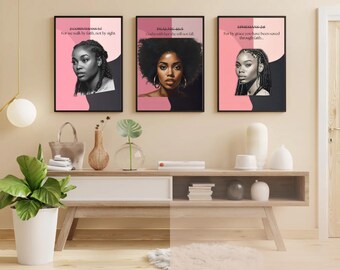 Black Girl Afro Scripture Art Prints: Pink & Black Christian Decor (Digital Download)