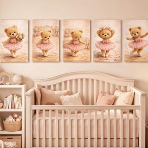May include: Five framed canvas prints showing teddy bears in pink tutus. Each bear is in a different ballet pose, with soft lighting and a vintage aesthetic. Ideal for a nursery or child's room.