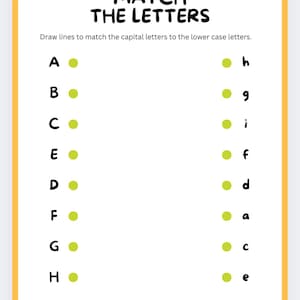 May include: A white worksheet with the title "MATCH THE LETTERS" in bold black letters. The worksheet has capital letters on the left and lowercase letters on the right, with green dots next to each letter.