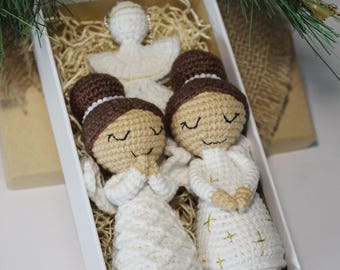 Crochet Angel Trio – Handmade Christmas Ornament Set – Amigurumi Holiday Decor – Gift Boxed Angels