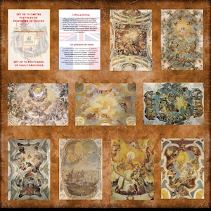 May include: A collection of 70 postcards featuring ceiling paintings. The postcards showcase various artistic depictions of religious scenes and historical events, with vibrant colors and intricate details. The text on the cards reads "SET OF 70 POSTCARDS OF VAULT PAINTINGS".