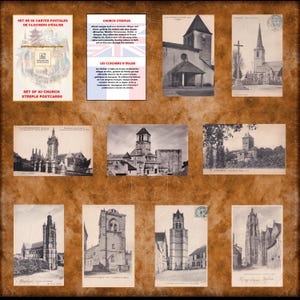 Puede incluir: Un conjunto de 60 postales antiguas de campanarios de iglesias. Las postales presentan imágenes en blanco y negro de varios edificios religiosos. El conjunto incluye una tarjeta con el texto "SET DE 60 CARTES POSTALES DE CLOCHERS D'ÉGLISE".