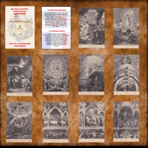 May include: A set of 25 vintage catechism postcards featuring black and white illustrations of religious scenes. The postcards are arranged on a brown background, with text in French and English.