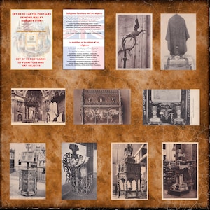 Può includere: Una collezione di 50 cartoline raffiguranti mobili e oggetti d'arte religiosa. Le immagini in seppia mostrano dettagli architettonici, sculture e oggetti decorativi. Le cartoline presentano testi in inglese e francese.