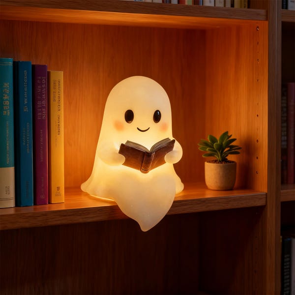Ghost Reading Nightlight, Spooky Halloween Night Light, Resin Spooky Lantern Lamp, Bookshelf Figurine, Book Nook Decor, Bookworm Ornament
