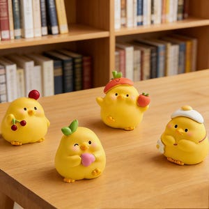 May include: Four yellow chick figurines with different accessories, including a red beret, a cherry, a leaf, and a fried egg hat. The figurines are on a wooden table in front of a bookshelf.