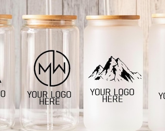 Personalized Glass Cup With Logo, Custom Clear and Frosted Glass Tumbler, Business Corporate Company Coffee Cups, Company Logo 16oz Cup