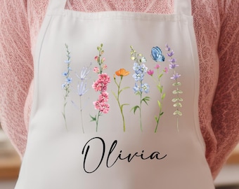 Wild Flower Apron for Women, Personalized Apron With Pockets, Custom Name Apron For Her, Custom Kitchen Apron for Women, Mothers Day Gift