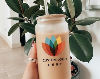 Custom Logo 16 oz Glass Cup, Personalized Iced Coffee Tumbler with Lid and Straw, Corporate Christmas Gift Bulk Order