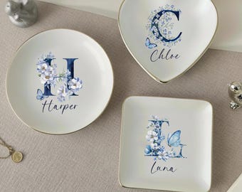 Personalized Name Initial Watercolor Alphabet Ring Dish: Boho Ceramic Trinket Holder - Mother's Day Gift, Gift for Mom