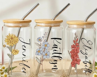 Personalized Birth Flower Tumbler With Name, Coffee Cup Birth Flower Glass, Gifts for Her, Bridesmaid Proposal, Party Favor, Christmas Gift