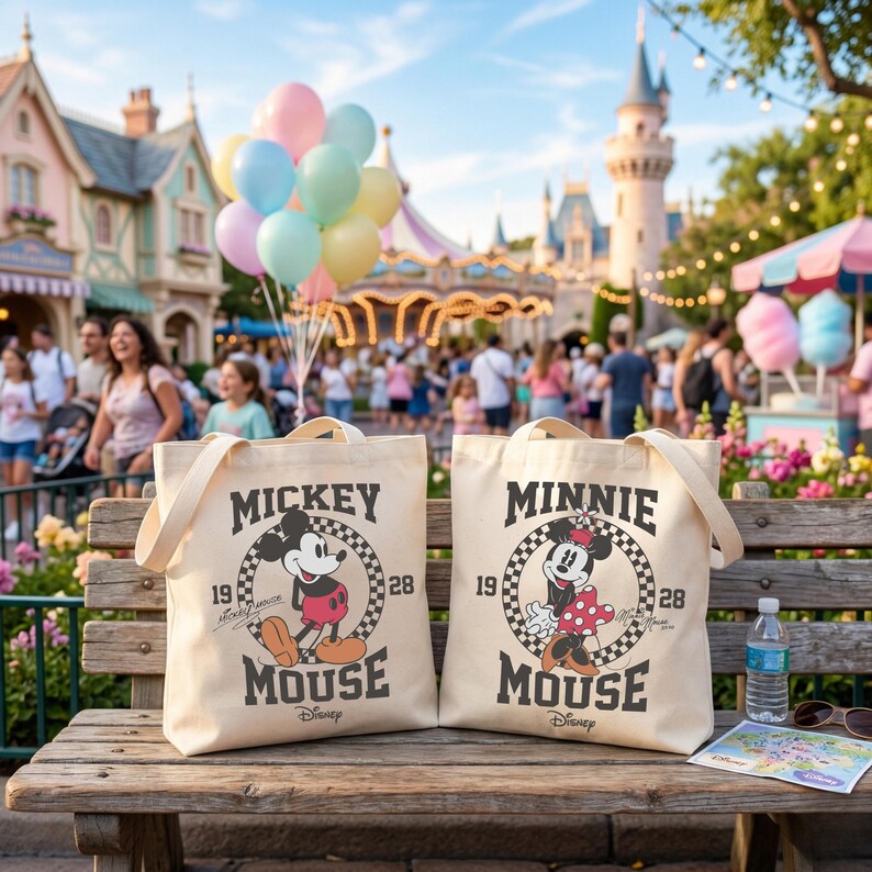 Może przedstawiać: Dwie pł&oacute;cienne torby z motywami Myszki Miki i Myszki Minnie. Torba Myszki Miki ma czarno-biały wizerunek Myszki Miki w czerwonej koszuli i ż&oacute;łtych butach. Torba Myszki Minnie ma czarno-biały wizerunek Myszki Minnie w czerwonej sukience w kropki.