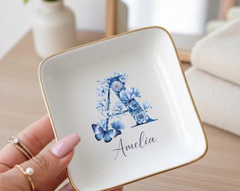 Personalized Name Initial Watercolor Alphabet Ring Dish: Boho Ceramic Trinket Holder - Mother's Day Gift, Gift for Mom