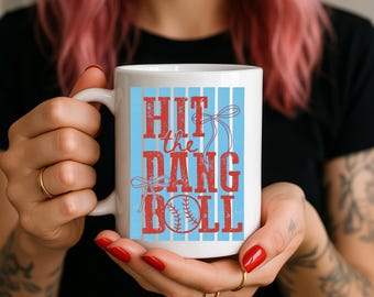 Hit The Dang Ball Baseball Coffee Mug, Distressed Doll Face Meme, Trendy Retro Game Day Season Softball Mug, Baseball Fans Gift