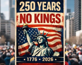 250 Years No Kings in America Protest Sign, Anti-Trump Resistance Activist Poster, 1776–2026 Patriotic 250 Anniversary Political Rally Sign