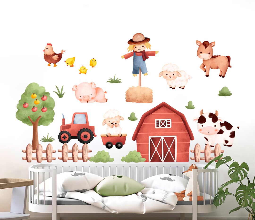 Farm Animals Wall Decal – Watercolor Barn Tractor Stickers for Kids ...