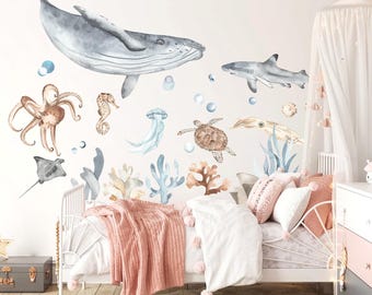Autocollant Mural Monde Sous-marin Avec Baleine, Pieuvre, Tortue - Déco Chambre Bébé, Amovible, Multicolore