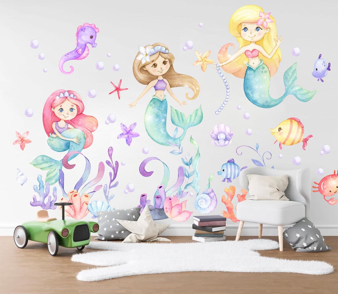 Mermaid Wall Decal – Watercolor Ocean Princess Stickers for Kids ...