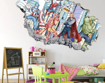 Superhero Team 3D Decal – Brick Wall Effect Boys Room Sticker | Hero Kids Wall Art-WK014